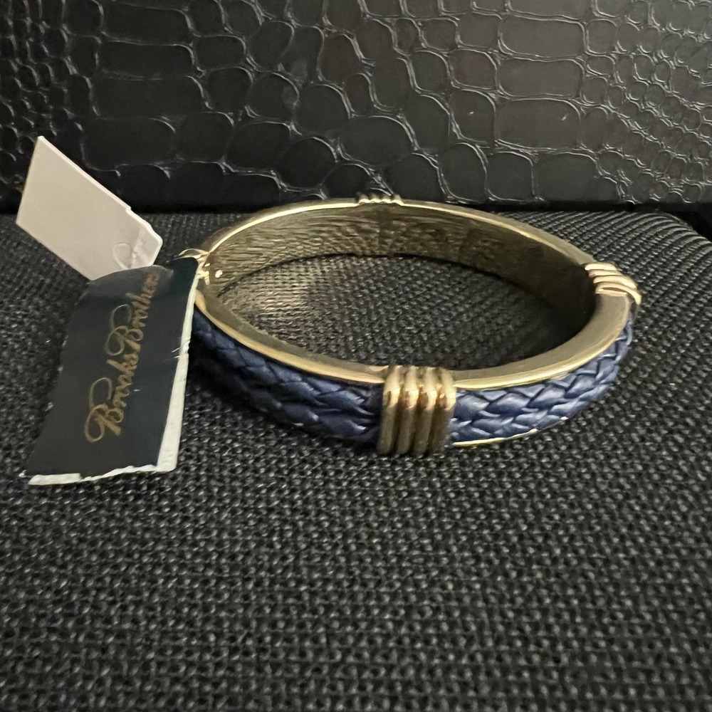 Brooks Brothers Blue Braided Leather Gold Tone Hinge Bangle Bracelet Preppy
